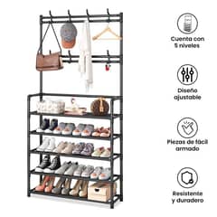 Estante Zapatos 5 Niveles Zapatera Metal + Perchero Organizador Negro